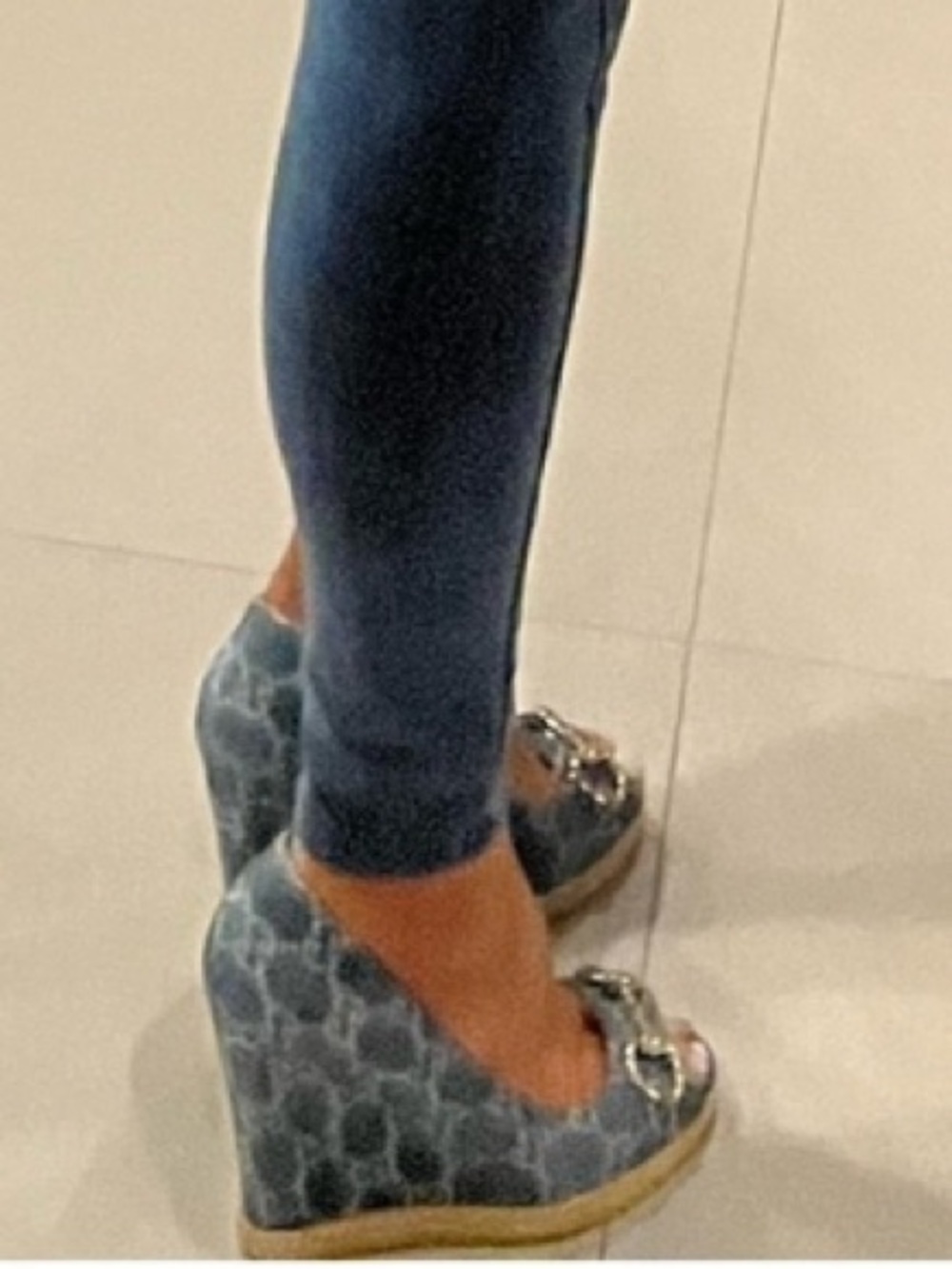 Gucci Charlotte Size 40 Blue GG Denim Horsebit Peep Toe Wedge Pumps